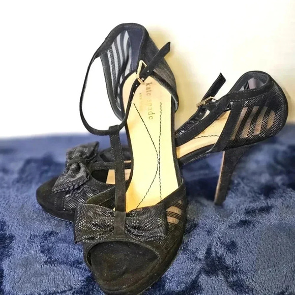 Kate Spade New York Women's Black Suede /Mesh Bow Peep Toe Heels Size 6.5 - Picture 1 of 12